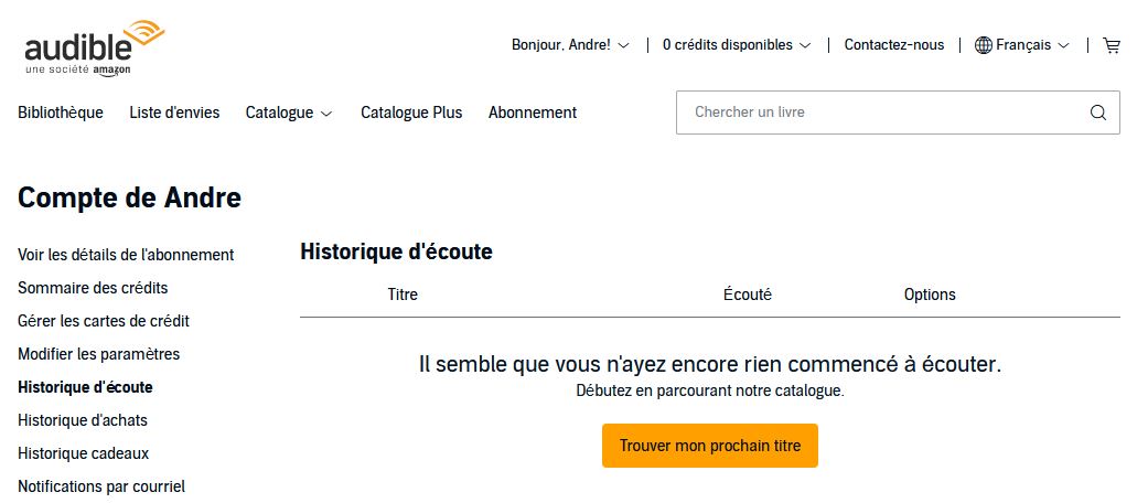 Historique d'écoutes compte Amazon Audible