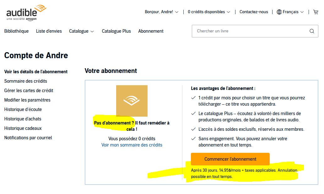 Détail de l'aobbonnement Amazon Audible