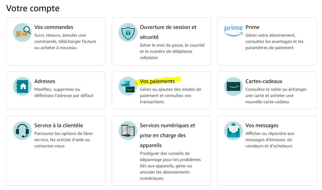 Menu compte Amazon Paiement
